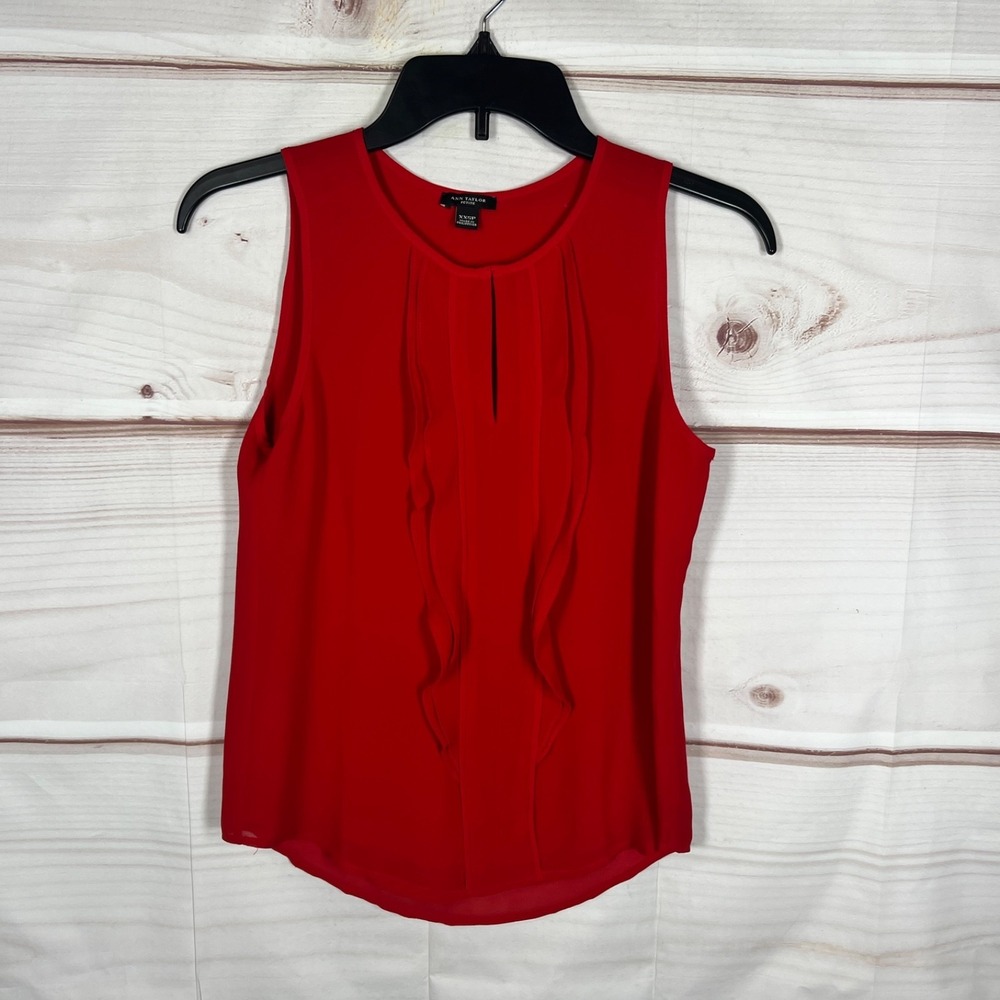 Ann Taylor Top Womens PXXS Red Ruffle Front Blouse Sleeveless Keyhole Neck Woven